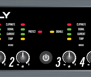 Audio amplifier front panel with controls and indicators.
