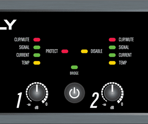 Audio amplifier with control knobs and indicators.