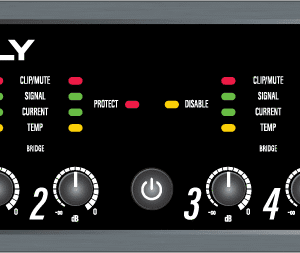 Audio amplifier front panel with control knobs.