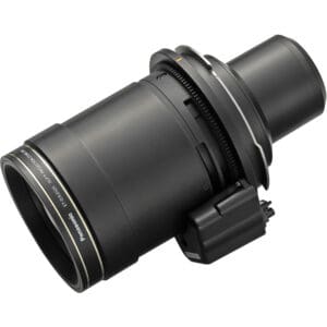 Black Panasonic projector lens with adjustable zoom.
