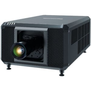 Large black professional projector with lens.