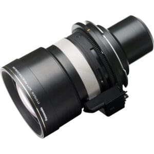 Black Panasonic projector lens on white background.