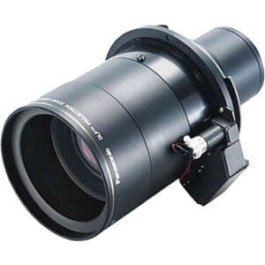 Projector lens with black casing and motor.