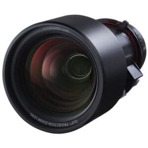 Projection lens with black casing and glass.