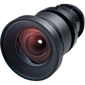 Camera lens with black casing, close-up.