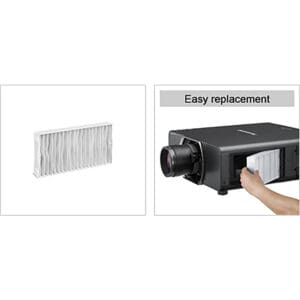 Projector filter replacement demonstrated with hand.