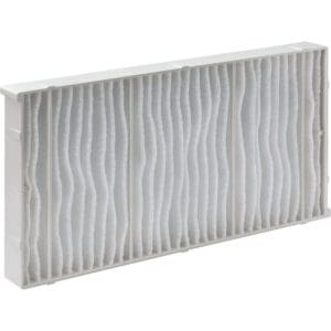 Rectangular white air filter with vertical pleats.