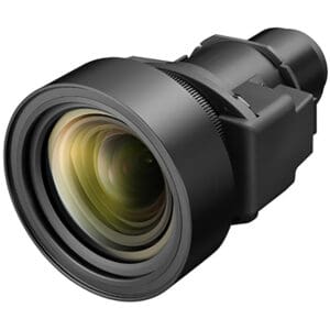 Projector lens with black casing and glass elements.