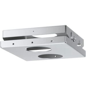 Metal mounting bracket with circular cutouts.