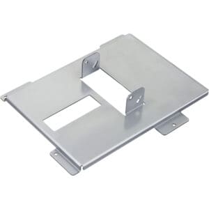 Metal mounting bracket with cutouts and flanges.