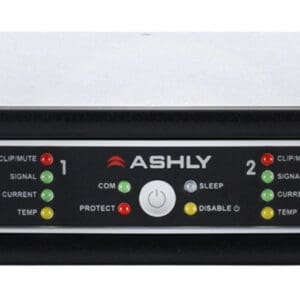 Rack-mounted audio amplifier with control panel.