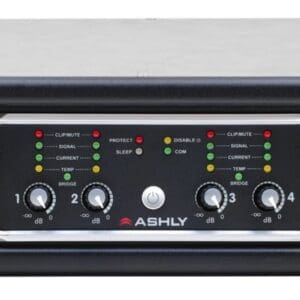 Audio amplifier with control panel and vents.