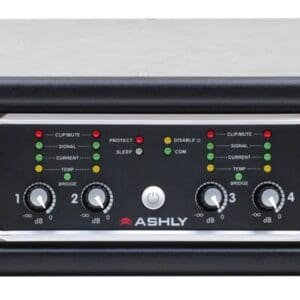 Audio amplifier with control panel and vents.