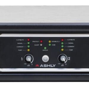 Audio amplifier with control panel and vents.