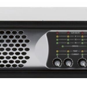 Audio amplifier with control knobs and vents.