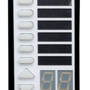 Wall-mounted audio control panel with buttons.