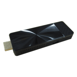 Black HDMI streaming stick on black background.