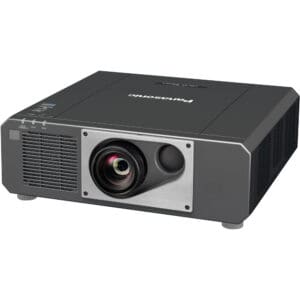 Black Panasonic projector with lens and vents.