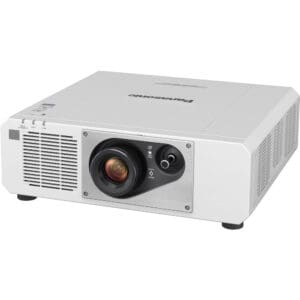 White Panasonic projector with lens and vents.