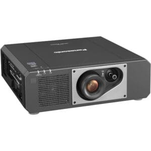 Black Panasonic projector with lens and vents.