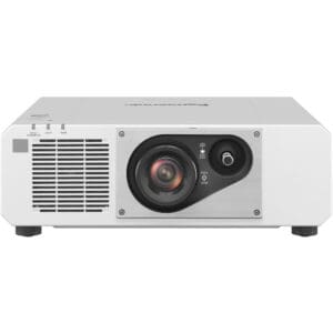 White multimedia projector with central lens.