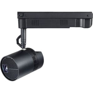 Black track light with adjustable spotlight.