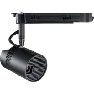 Black track light fixture with cylindrical design.