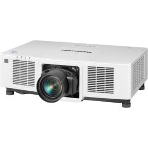 White multimedia projector with large lens.