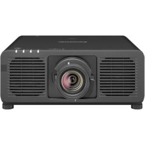 Black digital projector with front lens view.