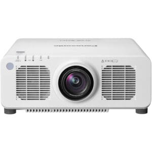 White projector with central lens and vents.