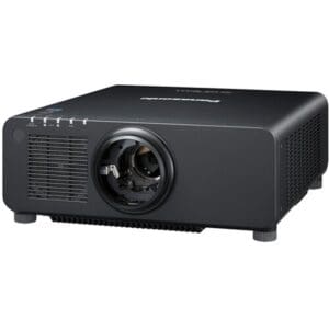 Black Panasonic projector on white background.