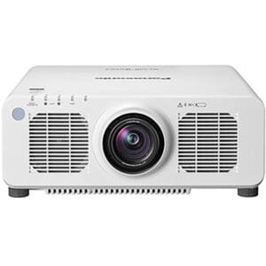 White projector with central lens and vents.