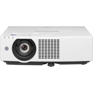 White multimedia projector with lens visible.