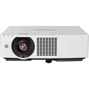 White Panasonic projector with lens and vents.