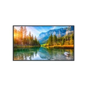 Mountain lake with trees and clear sky.